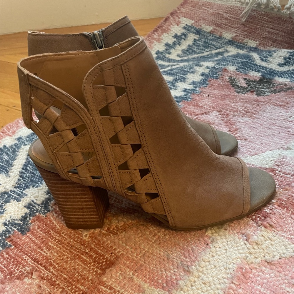 Tan open toed bootie heels